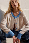 Contrast Button-Up Long Sleeve Cardigan