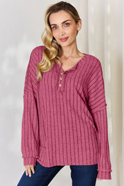 Ribbed Half Button Long Sleeve High-Low Tee