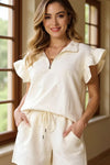Texture Flounce Sleeve Top & Drawstring Shorts Set