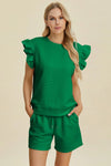 Textured Round Neck Ruffle Sleeve Top & Shorts Set