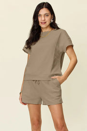 Textured Short Sleeve T-Shirt & Drawstring Shorts Set